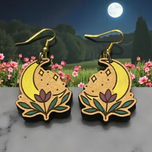 Wooden Crescent Moon/Lotus Flower Earrings